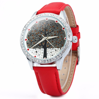 Elegant Fashion SKONE Female Wristwatches Rhinestone Diamond Embedded PU Strap Quartz Watches (Red)  