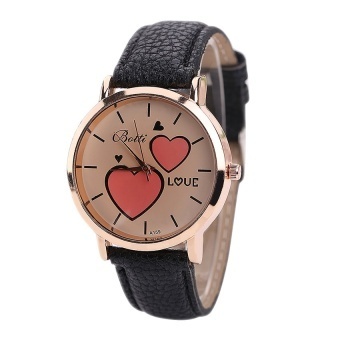 Fashion Women Wristwatch PU Leather Men Lovers Heart Clock Black - intl  