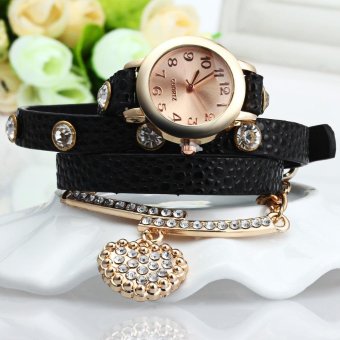 Faux Leather Rhinestone Leather Leopard Wrap Women Bracelet Quartz Wrist Watch With Heart Pendant(Color:BLACK) - intl  