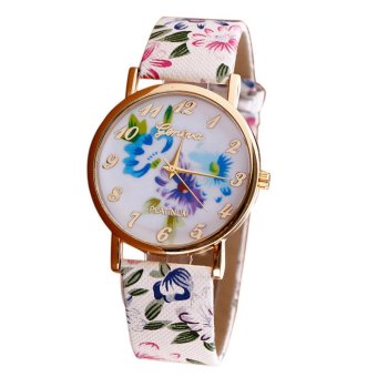 Flower Patterns Leather Band Analog Quartz Vogue Wrist Watches Blue - intl  