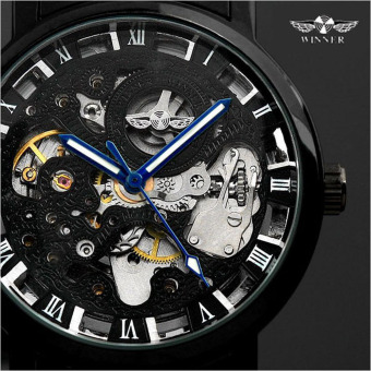 Full Steel Skeleton Mechanical WatchClassic Transparent Steampunk Montre Homme Black Retro Casual Mens Watches  