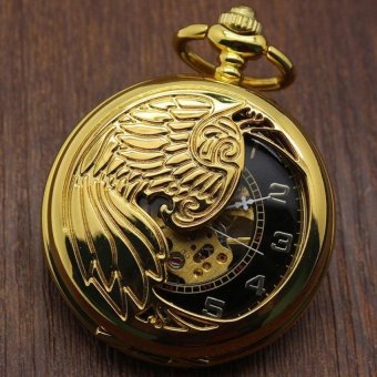 fuskm Creative mechanical watch animal phoenix pattern providespacket machine carved gold pocket watch (Yellow) - intl  