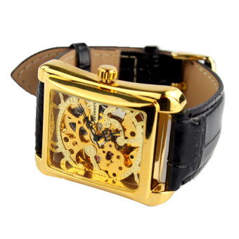 GETEK Men's Black Leather Skeleton Mechanical Wrist Watch Gold  