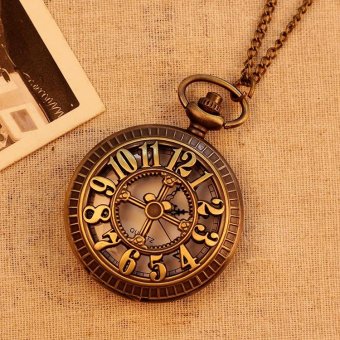 goges New Bronze Vintage Pocket Watch Men Women Unisex Necklace Quartz With Long Chain Hollow Big Numbers Best Gift (bronze) - intl  