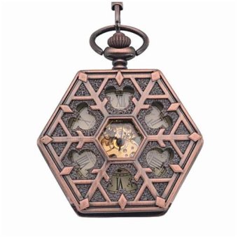 hazobau Antique red bronze Hexagonal automatic pendant fob watch retro pocket watch keychain vintage mechanical pocket watch with Chain (Yellow) - intl  