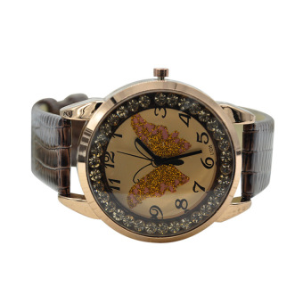 HDL Fashion Rhinestone Butterfly PU leather Wrist Watch (Brown) - Intl  