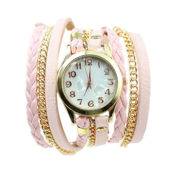 HDL Weave Wrap Rivet Leather Bracelet Wristwatches Watch Pink - Intl  