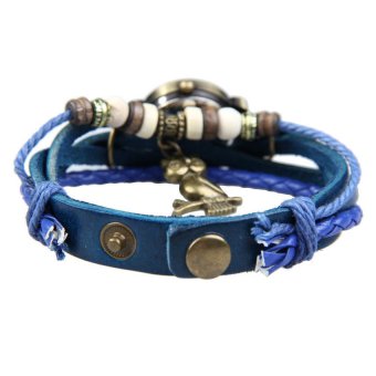HKS Chic Lady Bracelet Wrist Watch Braid Leather Watchband Owl Pendant Blue  