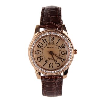 HKS Exquisit Women Wristwatch Leather Band Alloy Round Face with Crystals Brown  