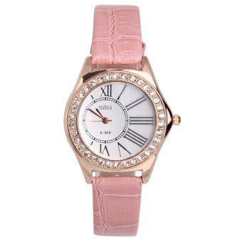 HKS Fashion Alloy Diamante Round Face Ladies Wristwatch Leather Band Pink  