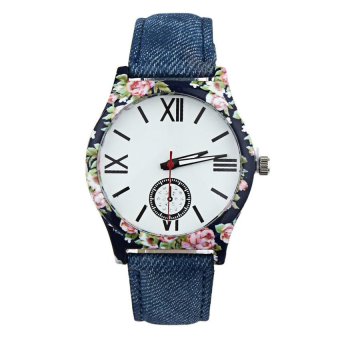 HKS Luxury Woman Leather Strap Flower Cloth Analog Quartz Wrist Watch Blue  