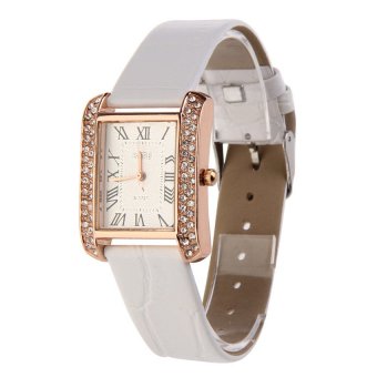 HKS PU Leather Band Women Wristwatch Alloy Square Diamante Face Watch White  