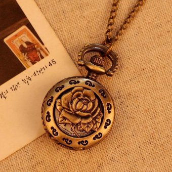 honful Vintage Retro Rose Pattern Women Pocket Watch Bronze Necklace Quartz Alloy Pendant With Long Chain (bronze) - intl  