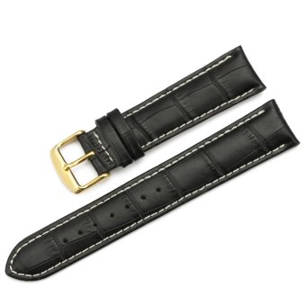 iStrap 21mm Calfskin Padded Watch Band Tan Stitch Golden Tone Metal Buckle for Men Women - Black  