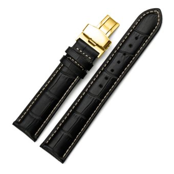 iStrap 24mm Cow Leather Watch Band Mens Strap Tan Stitch W/ Golden Tone Metal Deployment Buckle Black  