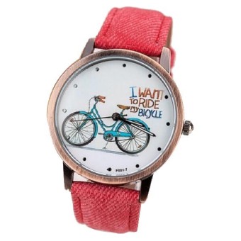 Jam Tangan Wanita Fashion jam lucu gambar kartun sepeda santai Pola Gaun Wanita tali pengikat kain kanvas jam kuarsa perhiasan Merah  