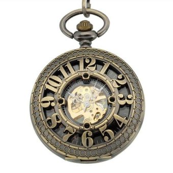 jaxuzha 20pcs/lot Antique Hollow Arabic Numbers Bronze Case Vintage Black Dial Pocket Watch Mechanical Analog Display Pendant Watch (Yellow) - intl  