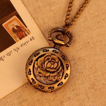 jiage Vintage Retro Rose Pattern Women Pocket Watch Bronze Necklace Quartz Alloy Pendant With Long Chain (bronze) - intl  