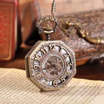 jinma Big Arabic Number Hollow Mechanical Pocket Watch Irregular Shape Steampunk Watch fullmetal alchemist For dia del padre PW310 (Bronze) - intl  