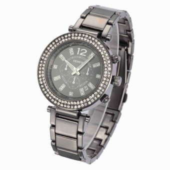 JOR GENEVA Unisex Luxury Rhinestone Stainless Steel Band Three Sub-dials Quartz Analog Wrist Watch with Date Function - Black - Intl  