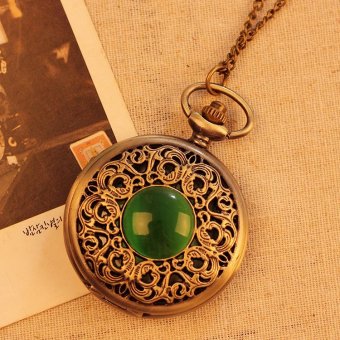 louiwill New Bronze Vintage Pocket Watch Women Necklace Quartz With Long Chain Hollow Big Green Stone Best Gift (bronze)  