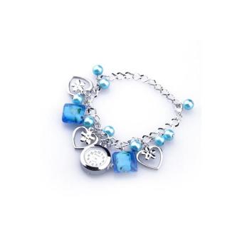 Lucky Women Blue Acrylic Beads Quartz Round Dial Bracelet Pendants Wrist Watch - intl  