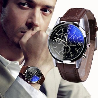 Luxury Fashion Faux Leather Mens Blue Ray Glass Quartz Analog Watches Brown - intl  