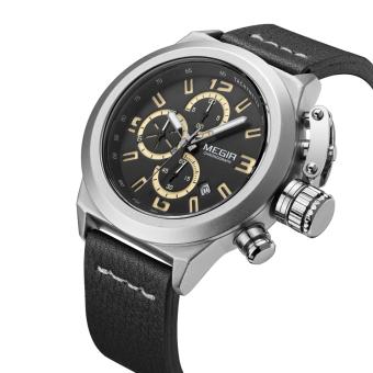 MEGIR Jam Tangan Pria Fashion Chronograph Luminous Quartz Wristwatch Casual Leather Waterproof Analog Calendar ML 2029 GBK-1 Black Silver Black  