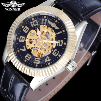 Men Fashion Mechanical Leather Strap Casual Automatic Skeleton Gold Black Watches Relogio Masculino  