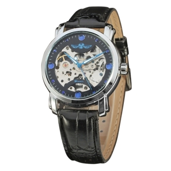 Men Hollow Style Automatic Mechanical Wrist Watch with PU Band (Black+Silver)  