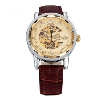 Men Round Dial Mechanical Wrist Watch with PU Band (Golden+Brown) - intl  