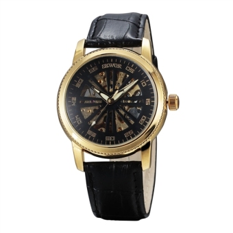 Men Round Dial Mechanical Wrist Watch with Stainless Steel Band (Black+Golden) - intl  