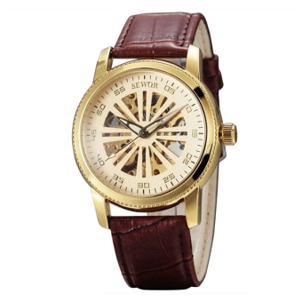 Men Round Dial Mechanical Wrist Watch with Stainless Steel Band (Golden+Brown) - intl  