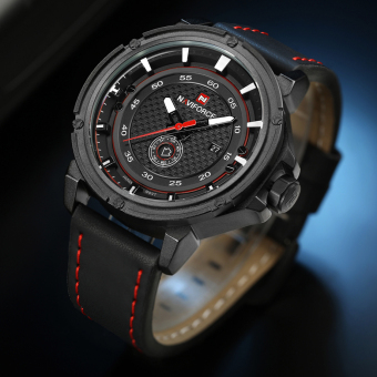 Men Sport Military Watch Quartz Luxury Brand Analog Hour Date Clock Fashion Casual Leather Strap (BLACK RED) - intl  