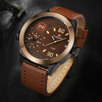 Men's Quartz Army Military Sport Watches Brand Multiple Time Zone Genuine Leather Date Clock (BROWN) - intl  