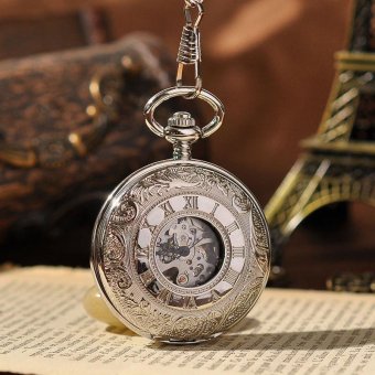 nonof Hot Sale Roman Numerals Mechanical Watch Vintage Hollow Out Pocket Watch Antique Silver Steam Punk Round With Key Chain PW109 (Silver) - intl  