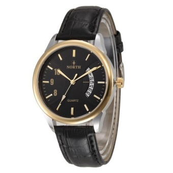 NORTH Mens Genuine Leather Band Analog Quartz Calendar Wrist Watch BK/GD - intl  