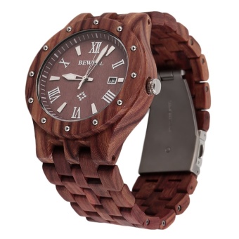 OH BEWELL Fashion Keren Pria Jam Quartz Jam Tangan Bulat Kayu Cendana Merah  