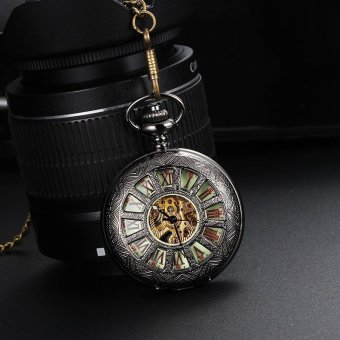 ooplm 2015 Automatic Self-Wind Pocket Watch Transparent Back Cover Luminous Dial Hollow Skeleton Design (Black Gold)  