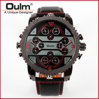OULM HP3233 Men's Fashion Casual Watch Four Time Zone Quartz Movement Analog Display Leather Strap Cool Looking(red) - intl  