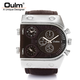 OULM Men's Casual Watch Three Time Zone Genuine Leather Wristband Quartz Movement Analog Display(brown) - intl  