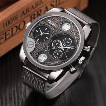 Oulm Mesh Watches Double Time Zone Big Dial Men Wristwatch Small Dials for Decoration Male Quartz Watch Luxury Military Watches - intl  