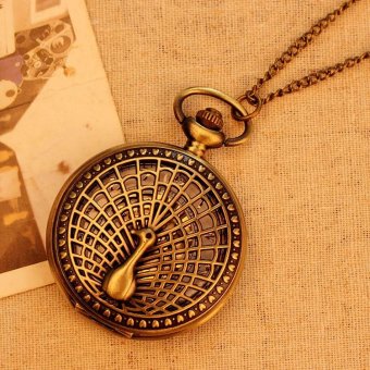 oxoqo Big Peacock Pattern Retro Vintage Pocket Watch Women Necklace Quartz Alloy Pendant With Long Chain (bronze) - intl  