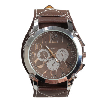 Practical Men Round Dial Leisure Business Quartz Wrist Watch Brown Leather Watchband - intl  