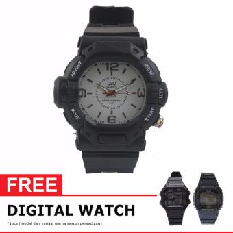 Q&Q - Jam Tangan Analog Pria FREE WATCH - Rubber Hitam - Dial Putih - Bezel Hitam QQX 1001-71  