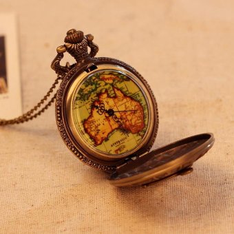 qoovan Map Pattern Necklace Pocket Watch Antique Bronze Quartz Alloy Pendant With Long Chain Retro Hot Sale (bronze) - intl  
