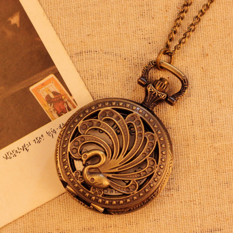 quzhuo Hollow Swan Design Pocket Watch Women Necklace Quartz Pendant Vintage With Long Chain New (bronze) - intl  