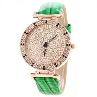 S & F Tianshou 0720G Womens Full Rhinestone Starry Sky Design Round Dial Analog Qaurtz Wrist Watch with Leather Band - Green  