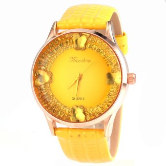 S & F Tianshou 0721G Womens 4 Butterfly Diamante Design Round Dial Analog Qaurtz Wrist Watch with Leather Band - Yellow  