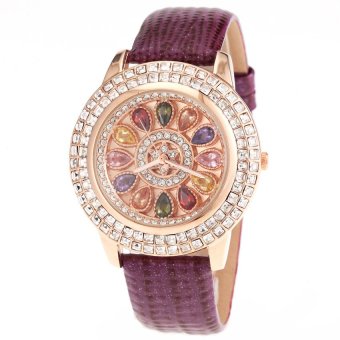 S & F Tianshou 0722G Womens Colorful Stones Rhinestone Circle Design Round Dial Analog Qaurtz Wrist Watch with Genuine Leather Band - Purple  